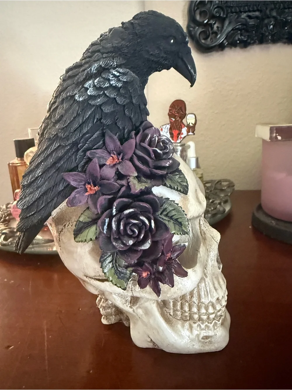 Decorative Ivory Skull Accent with Black Raven and Purple Flowers - Picture 4 of 5